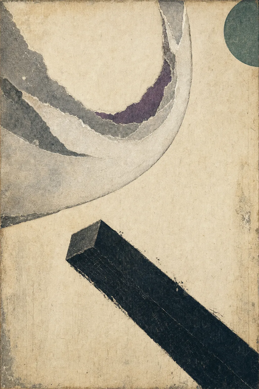 Tall composition on cream washi. A large crescent of torn gray and chalk-white paper arcs across the upper left, hooking upward out of frame; its inner curve is lined with deep plum. A matte black rectangular beam rises on a hard diagonal from the lower edge toward the crescent without touching it, and a small dark teal circle sits partially cropped at the upper right. Wide bare paper separates the two forms.