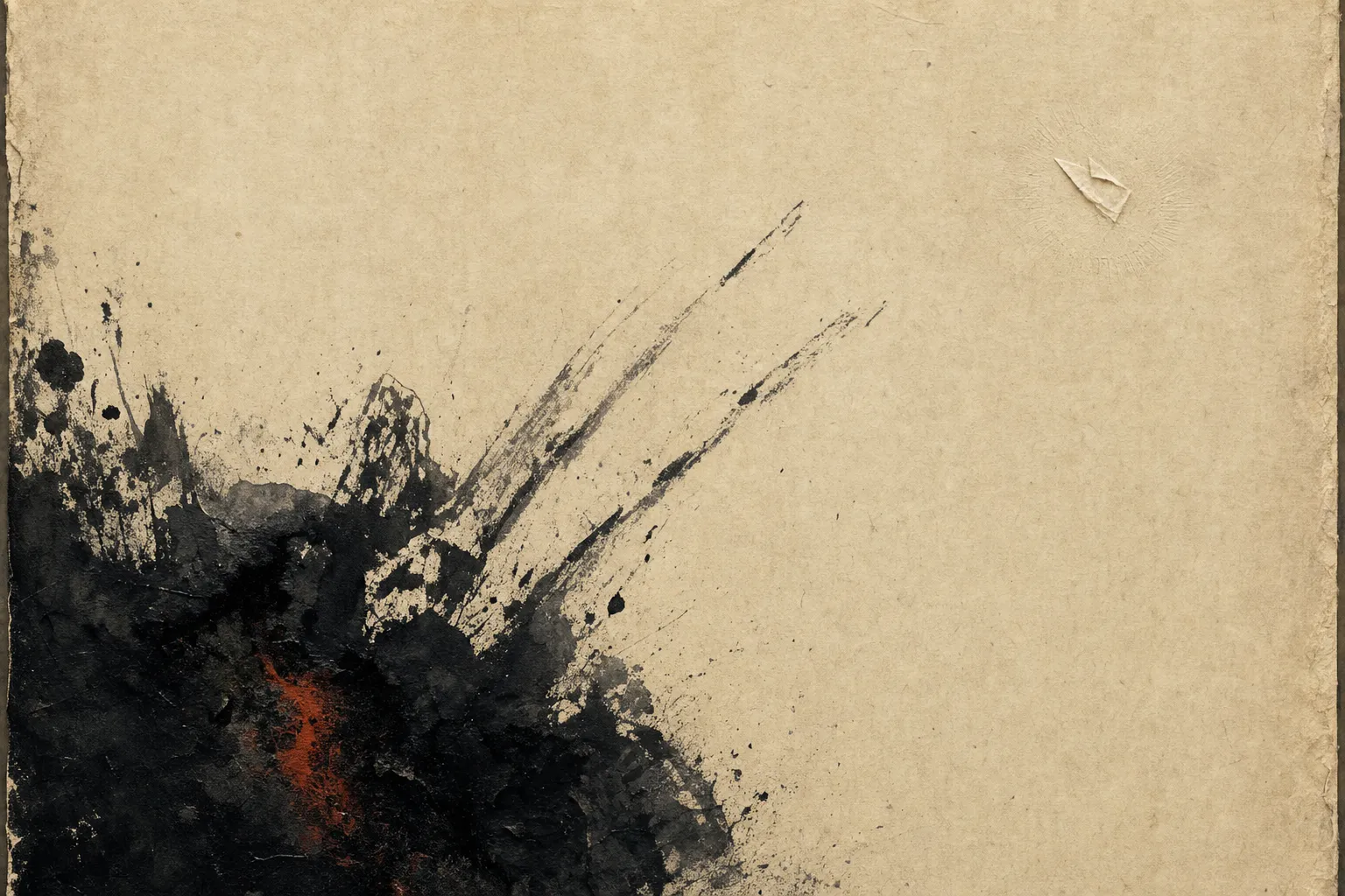Warm beige textured paper holds one dense black and gray ink splash in the lower left, with a restrained red accent and thin strokes dissolving diagonally into a large quiet field.